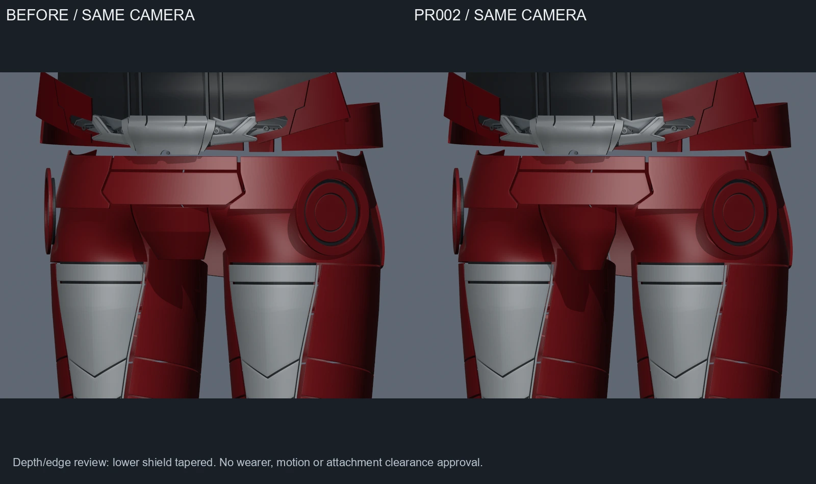 Before and proposed pelvis shields rendered from the same oblique camera to check curvature and depth.