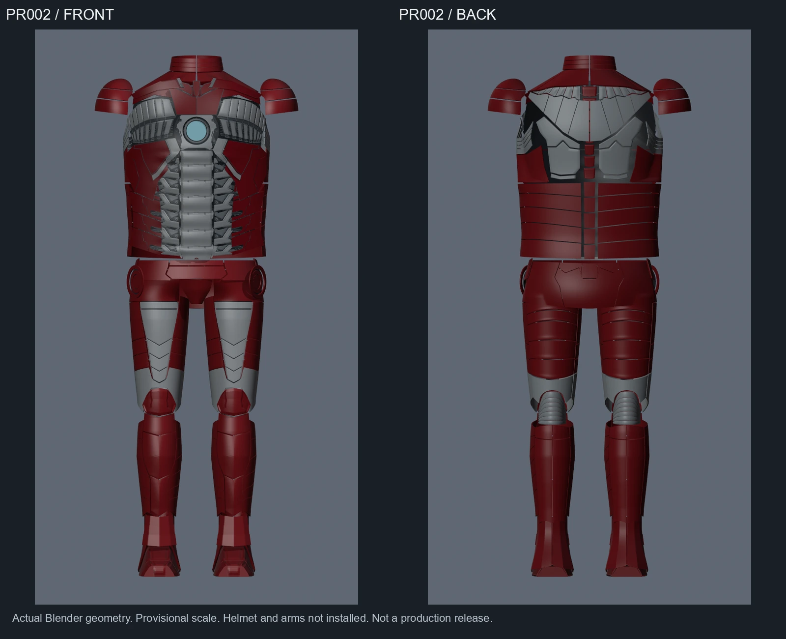 Front and rear renders of the saved red-and-silver torso and leg prototype; helmet and arms are not installed.