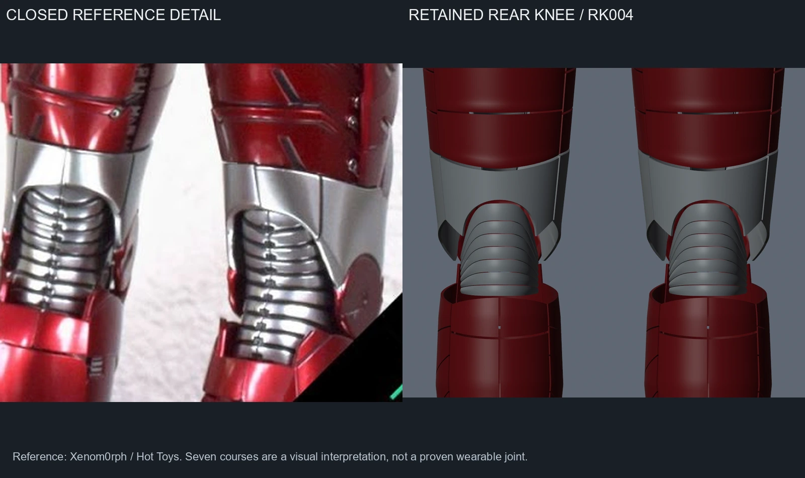 Reference excerpt and rear-knee CAD detail, comparing wrapped silver courses.